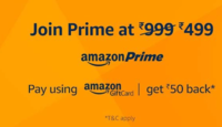 Rs 50 cashback on Amazon prime membership
