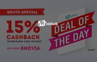 Get 15% Cashback on Recharge and Bill Payment (South India Users)