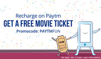Recharge (DTH, Broadband, Lineline payments included) on Paytm and get a free movie ticket (Cashback upto Rs.150 on booking 2 movie tickets)