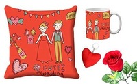 meSleep happy wedding Valentine Digital Printed Cushion (With Filler) & Mug With Free Artificial Rose And Key Chain 