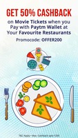 Pay Restaurant bill using Paytm and get 50% cashback on Movie tickets upto Rs.200