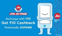 Rs.10 cashback on Jio Prime Recharge of Rs.99