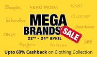 Paytm Mega Brands Sale from 22nd to 24th April upto 60% Cashback on Clothing Collection