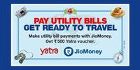 Get Yatra coupon worth Rs. 500/- on successful Utility Bill Payment (Electricity or Gas) for the value of Rs 100/- or more through JioMoney