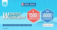 Goibibo wonder wednesday offer (Valid for HDFC CC holders) 1500 cashback on domestic flight and upto 6000 on hotels Booking period 17th May, 3-10pm