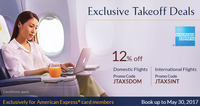 Flat 12% off on Domestic & International flights exclusively for American Express card members (No minimum transaction and no maximum discount)