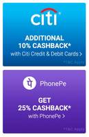 10% cashback with Citi cards.Min txn: Rs 5000 Max cashback: Rs 2000