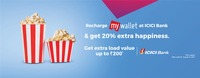 Recharge BookMyshow wallet at  ICICI Bank Get Extraload Value up to Rs 200/-
