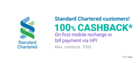 100% cashback (upto Rs. 300) for first Recharge or Bill Payment transaction using UPI payment option on a linked Standard Chartered Bank account.