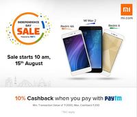 Mi Independence Day Sale! Get 10% Cashback with Paytm (Upto ₹200)