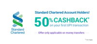 Get 50% Cashback on your first UPI transaction using a linked Standard Chartered Bank India (SCB) account