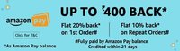 Amazon Now: Get flat 20% back on first order & 10% back on repeat orders. Max Cashback ₹400.