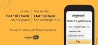 Flat ₹101 Cashback + 8 vouchers of ₹50 each on ₹399 Jio prepaid recharge pack. Valid on 1st Amazon Pay Balance Recharge.