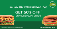 Order from Subway for Rs. 375 or more and get 50% off (Friday, 3rd Nov)