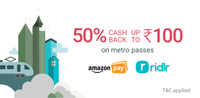 Ridlr - 50% cashback on Mumbai metro passes through Amazon pay