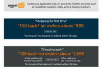 Amazon:Get 150 back on orders above 999 first time purchase