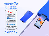 Honor 7X 4Gb 32GB || 64 GB at 12 pm   + 90GB Data Free from Airtel + Rs. 1250 Mobikwik SuperCash + Hungama Music Free for 2 months