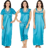 Klamotten Women's Nighty with Robe, Top and Capri  (Blue)