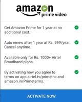 Free Amazon Prime Offer for Airtel Broadband Users