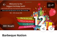 Get a return gift worth Rs 501 for dining (min 4 pax) at BBQ Nation outlets on its 12th Anniversary.