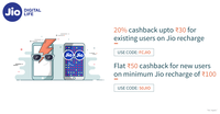 Flat 20% Cashback upto 30 on no min. Jio Prepaid recharge via FreeCharge