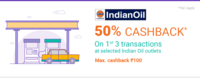 50% cashback upto 100 (3 times) at select Indian oil outlets (Bangalore) with PhonePe