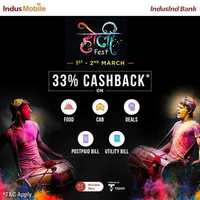 IndusMobile Holi Fest- Get 33% cashback on Food, Cabs, Deals, Postpaid & Utility Bills