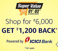 Amazon Super Value Day (1 - 3 Every Month) - 15% cashback on shopping below 3999 and 20% cashback on shopping above 4000 + Additional 10% cashback as Amazon Pay Balance for ICICI Users