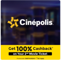 Get 100% Cashback upto 200 on one ticket price on booking 2 or more tickets at CINEPOLIS via paytm