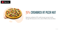 Pizzahut - 15% cashback upto 75 with Freecharge Wallet + Also Get 30% discount on min. order of 699 on Ala Carte Menu