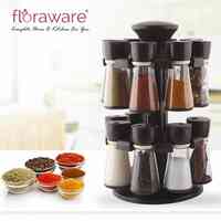 Floraware Plastic Revolving Spice Rack Set, 120ml, Set of 16, Brown 