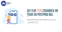 Flat Rs.25 Cashback on Jio postpaid bills via freecharge