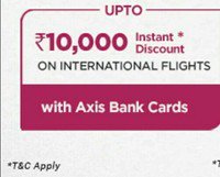 Get Flat 10% instant disçount on non-EMI or flat 15% instant discount on EMI transactions on international flights (upto max Rs 10000) every Wednesday for Axis Bank card holders on Goibibo app or mobile site only.