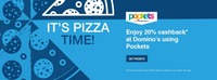 Order your favourite pizza from the Domino’s website or app and make the payment using Pockets to enjoy 20% cashback upto 200₹ on your order