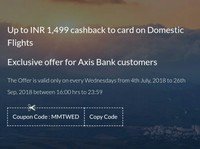 Flat 1499 cashback for MMT black customers and 1299 CB for regular customers on domestic flights worth Rs 5000 and above on makemytrip app for Axis Bank card holders (Every Wednesday from 4 pm - 11.59 pm)
