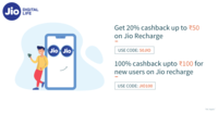 Get 100 % cashback  upto rs 100 on jio recharge
