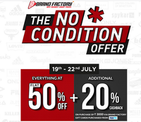 Brand factory sale : The No condition sale Everything flat  50% + Additional 20% cashback on purchase of Rs.3000 