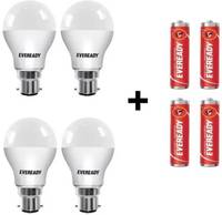 Eveready 10 W Round B22 LED Bulb (White, Pack of 4) + 4 Eveready Batteries