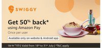 Swiggy: Flat 50% cashback upto Rs.125 using Amazon Pay