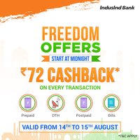 IndusMobile Freedom Offers - Upto 72 cashback on every transaction | 14 - 15 Aug