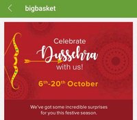 Bigbasket Dussehra Fest 6-20 Oct - Rs. 1 Deals, Rs. 99 Store, Buy 1 Get 1 FREE, + 15% HDFC Offer