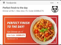 Dinner at Rs 1 on FoodPanda  - Flat 75 Off