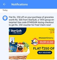 Free Rs. 250 Off on 500 StarQuik Grocery Voucher