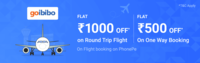 Flat ₹1000 discount on round trip & Flat ₹500 discount on one way booking of Goibibo Flights using PhonePe app. Minimum Booking amount is ₹6000.

