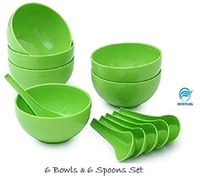 Snowpearl Round Big Soup Bowl with Spoon Set, Green, 12-Pieces (Microwave Safe) 