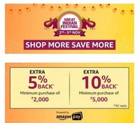Amazon Great Indian Festival 2-5 Nov :- Extra 10% Instant Discount using HDFC Cards + Get Extra upto 10% Cashback of Order Value as Amazon Paybalance