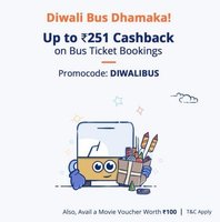 Paytm Diwali Bus Dhamaka :- Get 151₹ Cashback on Min Bus Booking of 300₹ + Get a Movie Voucher worth 100₹