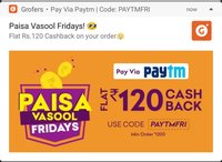 Grofers - Flat 120 cashback on min order of 1200 with Paytm 