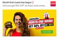Zomato Month-End Mania: 50% off upto 100 (Now valid 3 times)
