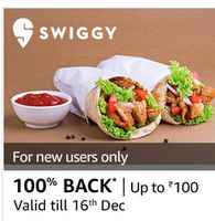 Get 100% Cashback upto Rs.100 applicable to first time user of Amazon Pay on Swiggy | 15-16 Dec